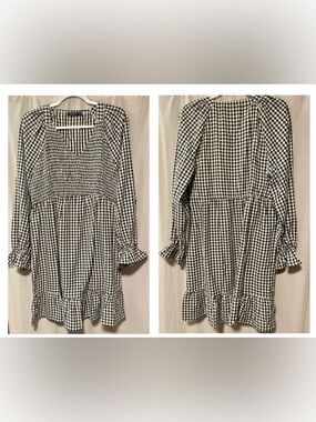 Kojooin- Size Large- Black and White Gingham Babydoll Dress— long sleeved